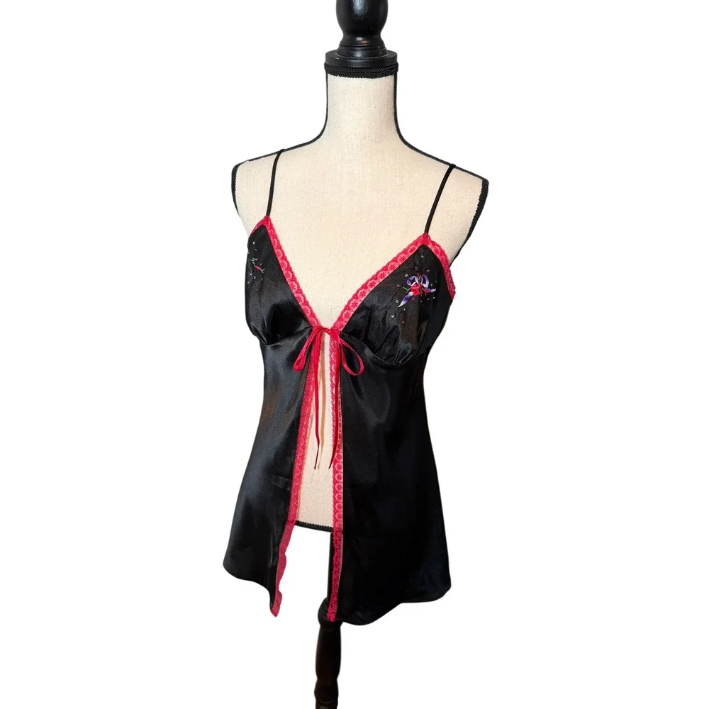 Victoria's Secret Vintage‎ Satin Babydoll Top Black Beaded Floral Medium 90s Y2K